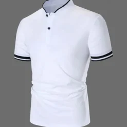 Discount OUKU Men's Polo Shirt Collarless Golf Shirts Casual Holiday Stand Collar Short Sleeve Fashion Basic Plain Button Summer Regular Fit Dark Brown Dark Red Black White Polo Shirt