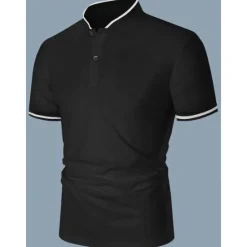 Discount OUKU Men's Polo Shirt Collarless Golf Shirts Casual Holiday Stand Collar Short Sleeve Fashion Basic Plain Button Summer Regular Fit Dark Brown Dark Red Black White Polo Shirt