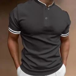 Discount OUKU Men's Polo Shirt Collarless Golf Shirts Casual Holiday Stand Collar Short Sleeve Fashion Basic Plain Button Summer Regular Fit Black White Burgundy Polo Shirt