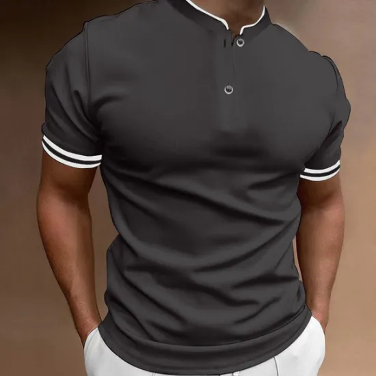Discount OUKU Men's Polo Shirt Collarless Golf Shirts Casual Holiday Stand Collar Short Sleeve Fashion Basic Plain Button Summer Regular Fit Black White Burgundy Polo Shirt