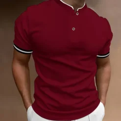 Discount OUKU Men's Polo Shirt Collarless Golf Shirts Casual Holiday Stand Collar Short Sleeve Fashion Basic Plain Button Summer Regular Fit Black White Burgundy Polo Shirt
