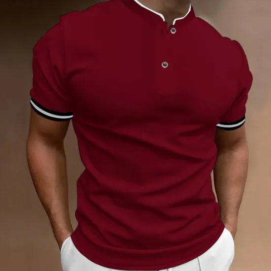 Discount OUKU Men's Polo Shirt Collarless Golf Shirts Casual Holiday Stand Collar Short Sleeve Fashion Basic Plain Button Summer Regular Fit Black White Burgundy Polo Shirt