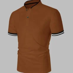 Discount OUKU Men's Polo Shirt Collarless Golf Shirts Casual Holiday Stand Collar Short Sleeve Fashion Basic Plain Button Summer Regular Fit Black White Burgundy Polo Shirt