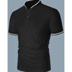 Discount OUKU Men's Polo Shirt Collarless Golf Shirts Casual Holiday Stand Collar Short Sleeve Fashion Basic Plain Button Summer Regular Fit Black White Burgundy Polo Shirt