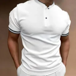 Discount OUKU Men's Polo Shirt Collarless Golf Shirts Casual Holiday Stand Collar Short Sleeve Fashion Basic Plain Button Summer Regular Fit Black White Burgundy Polo Shirt