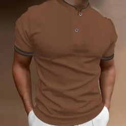 Discount OUKU Men's Polo Shirt Collarless Golf Shirts Casual Holiday Stand Collar Short Sleeve Fashion Basic Plain Button Summer Regular Fit Black White Burgundy Polo Shirt