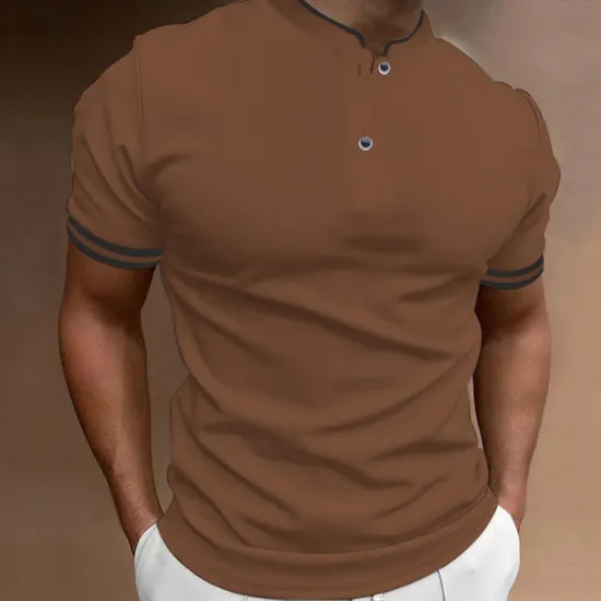 Discount OUKU Men's Polo Shirt Collarless Golf Shirts Casual Holiday Stand Collar Short Sleeve Fashion Basic Plain Button Summer Regular Fit Black White Burgundy Polo Shirt