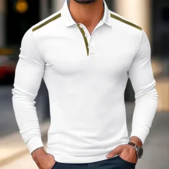 Online OUKU Men's Polo Shirt Golf Polo Street Business Turndown Ribbed Polo Collar Long Sleeve Fashion Basic Solid Color Patchwork Fall Winter Cross-Seasons Regular Fit Black White Yellow Burgundy Polo Shirt