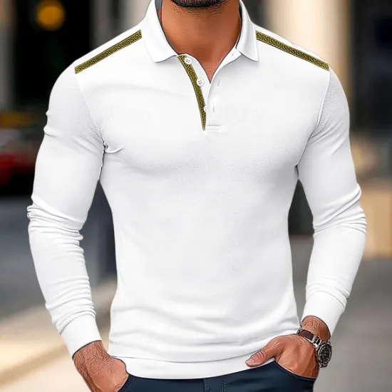 Online OUKU Men's Polo Shirt Golf Polo Street Business Turndown Ribbed Polo Collar Long Sleeve Fashion Basic Solid Color Patchwork Fall Winter Cross-Seasons Regular Fit Black White Yellow Burgundy Polo Shirt