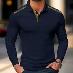 Online OUKU Men's Polo Shirt Golf Polo Street Business Turndown Ribbed Polo Collar Long Sleeve Fashion Basic Solid Color Patchwork Fall Winter Cross-Seasons Regular Fit Black White Yellow Burgundy Polo Shirt