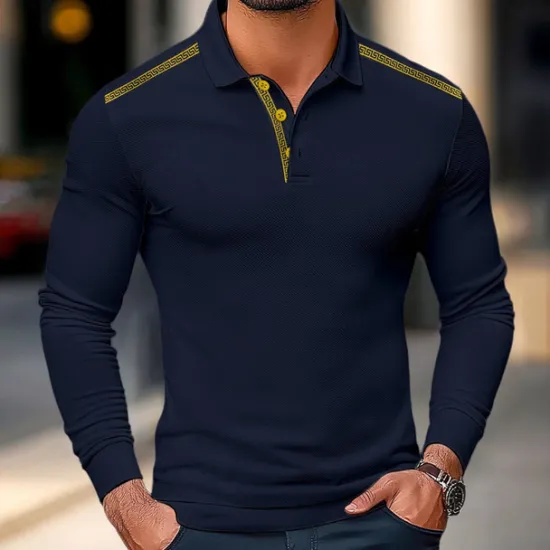 Online OUKU Men's Polo Shirt Golf Polo Street Business Turndown Ribbed Polo Collar Long Sleeve Fashion Basic Solid Color Patchwork Fall Winter Cross-Seasons Regular Fit Black White Yellow Burgundy Polo Shirt