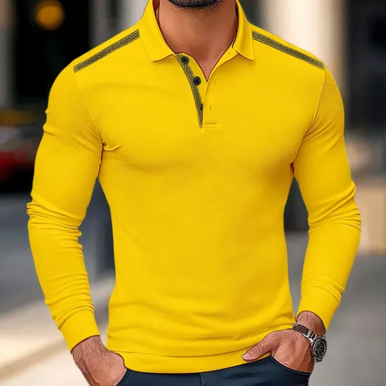 Online OUKU Men's Polo Shirt Golf Polo Street Business Turndown Ribbed Polo Collar Long Sleeve Fashion Basic Solid Color Patchwork Fall Winter Cross-Seasons Regular Fit Black White Yellow Burgundy Polo Shirt