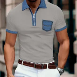 Sale OUKU Men's Polo Shirt Golf Shirt Casual Holiday Lapel Quarter Zip Short Sleeve Fashion Basic Color Block Quarter Zip Summer Regular Fit Light Blue Black White Khaki Dark Grey Polo Shirt