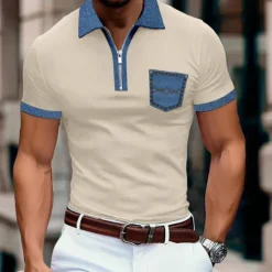 Sale OUKU Men's Polo Shirt Golf Shirt Casual Holiday Lapel Quarter Zip Short Sleeve Fashion Basic Color Block Quarter Zip Summer Regular Fit Light Blue Black White Khaki Dark Grey Polo Shirt
