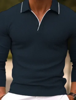 Online OUKU Men's Polo Shirt Golf Shirt Casual Sports Lapel Long Sleeve Fashion Basic Plain Button Spring & Fall Regular Fit Light Blue Pink Dark Blue Light Green Polo Shirt