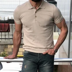 OUKU Men's Polo Shirt Golf Shirt Outdoor Casual Polo Collar Short Sleeve Fashion Streetwear Solid Color Plain Button Front Summer Regular Fit Black White Khaki Polo Shirt