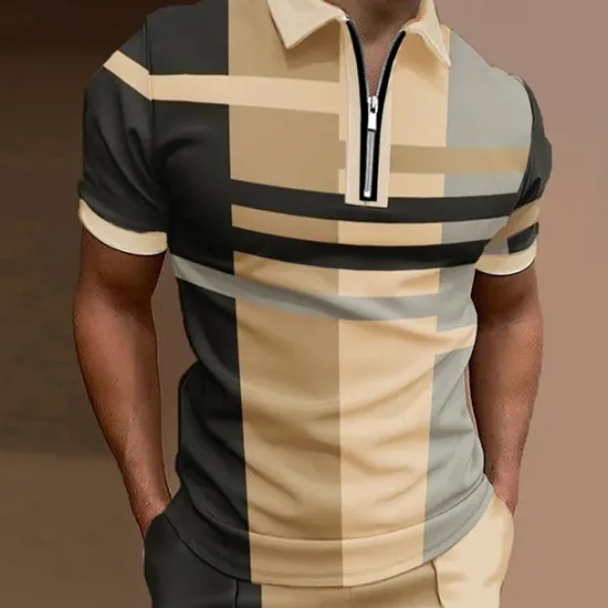 Sale OUKU Men's Polo Shirt Golf Shirt Casual Holiday Lapel Quarter Zip Short Sleeve Fashion Basic Plaid Quarter Zip Summer Regular Fit Red Blue Purple Brown Green Gray Polo Shirt