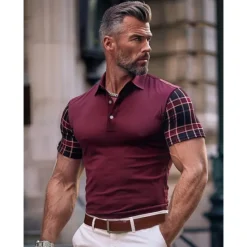 Discount OUKU Men's Polo Shirt Golf Shirt Casual Holiday Lapel Short Sleeve Fashion Basic Color Block Plaid / Check Patchwork Summer Regular Fit Burgundy Brown Polo Shirt