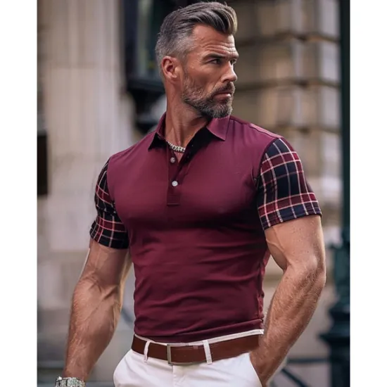 Discount OUKU Men's Polo Shirt Golf Shirt Casual Holiday Lapel Short Sleeve Fashion Basic Color Block Plaid / Check Patchwork Summer Regular Fit Burgundy Brown Polo Shirt