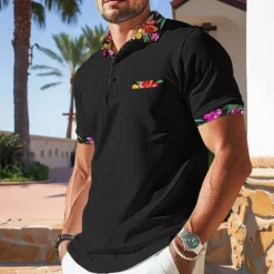 Discount OUKU Men's Polo Shirt Golf Shirt Work Casual Lapel Ribbed Polo Collar Short Sleeve Basic Modern Floral Color Block Patchwork Button Spring & Summer Regular Fit Black White Orange Green Polo Shirt