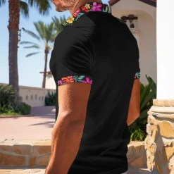 Discount OUKU Men's Polo Shirt Golf Shirt Work Casual Lapel Ribbed Polo Collar Short Sleeve Basic Modern Floral Color Block Patchwork Button Spring & Summer Regular Fit Black White Orange Green Polo Shirt