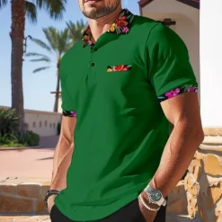 Discount OUKU Men's Polo Shirt Golf Shirt Work Casual Lapel Ribbed Polo Collar Short Sleeve Basic Modern Floral Color Block Patchwork Button Spring & Summer Regular Fit Black White Orange Green Polo Shirt