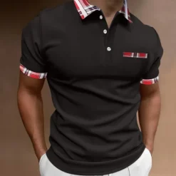 Online OUKU Men's Polo Shirt Golf Shirt Casual Holiday Lapel Quarter Zip Short Sleeve Fashion Basic Plain Quarter Zip Summer Regular Fit Black White Red Dark Navy Green Light Grey Polo Shirt