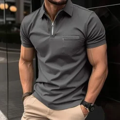 Online OUKU Men's Polo Shirt Golf Shirt Casual Holiday Lapel Quarter Zip Short Sleeve Fashion Basic Plain Quarter Zip Summer Regular Fit Black Blue Green Gray Polo Shirt