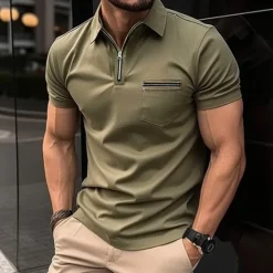 Online OUKU Men's Polo Shirt Golf Shirt Casual Holiday Lapel Quarter Zip Short Sleeve Fashion Basic Plain Quarter Zip Summer Regular Fit Black Blue Green Gray Polo Shirt