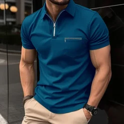 Online OUKU Men's Polo Shirt Golf Shirt Casual Holiday Lapel Quarter Zip Short Sleeve Fashion Basic Plain Quarter Zip Summer Regular Fit Black Blue Green Gray Polo Shirt