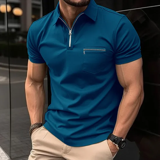 Online OUKU Men's Polo Shirt Golf Shirt Casual Holiday Lapel Quarter Zip Short Sleeve Fashion Basic Plain Quarter Zip Summer Regular Fit Black Blue Green Gray Polo Shirt
