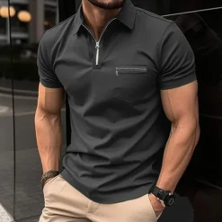 Online OUKU Men's Polo Shirt Golf Shirt Casual Holiday Lapel Quarter Zip Short Sleeve Fashion Basic Plain Quarter Zip Summer Regular Fit Black Blue Green Gray Polo Shirt