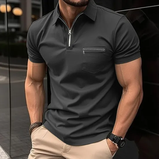 Online OUKU Men's Polo Shirt Golf Shirt Casual Holiday Lapel Quarter Zip Short Sleeve Fashion Basic Plain Quarter Zip Summer Regular Fit Black Blue Green Gray Polo Shirt