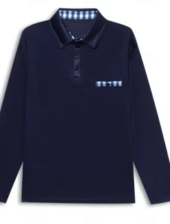 Sale OUKU Men's Polo Shirt Golf Shirt Casual Sports Lapel Long Sleeve Fashion Basic Color Block Button Front Pocket Spring & Fall Regular Fit Black White Navy Blue Gray Polo Shirt