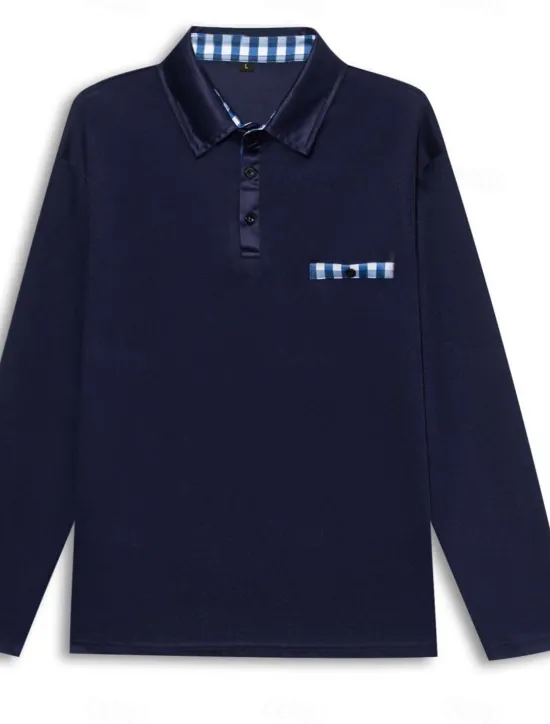 Sale OUKU Men's Polo Shirt Golf Shirt Casual Sports Lapel Long Sleeve Fashion Basic Color Block Button Front Pocket Spring & Fall Regular Fit Black White Navy Blue Gray Polo Shirt
