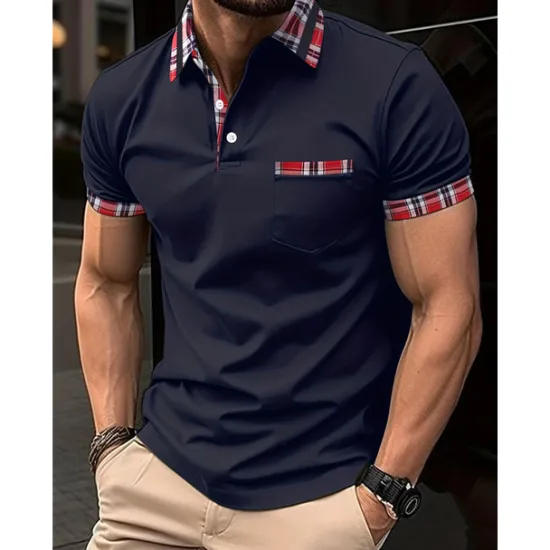 Best OUKU Men's Polo Shirt Golf Shirt Casual Sports Classic Short Sleeve Fashion Basic Plaid Color Block Patchwork Pocket Summer Regular Fit Black White Red Navy Blue Blue Green Polo Shirt