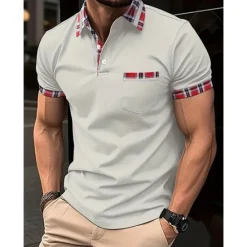 Best OUKU Men's Polo Shirt Golf Shirt Casual Sports Classic Short Sleeve Fashion Basic Plaid Color Block Patchwork Pocket Summer Regular Fit Black White Red Navy Blue Blue Green Polo Shirt