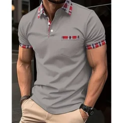 Best OUKU Men's Polo Shirt Golf Shirt Casual Sports Classic Short Sleeve Fashion Basic Plaid Color Block Patchwork Pocket Summer Regular Fit Black White Red Navy Blue Blue Green Polo Shirt