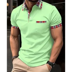 Best OUKU Men's Polo Shirt Golf Shirt Casual Sports Classic Short Sleeve Fashion Basic Plaid Color Block Patchwork Pocket Summer Regular Fit Black White Red Navy Blue Blue Green Polo Shirt