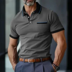 New OUKU Men's Polo Shirt Golf Shirt Casual Holiday Ribbed Polo Collar Classic Short Sleeve Fashion Basic Color Block Patchwork Pocket Summer Regular Fit Purple Grey Polo Shirt