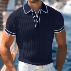 Outlet OUKU Men's Polo Shirt Golf Shirt Work Casual Lapel Ribbed Polo Collar Short Sleeve Basic Modern Color Block Patchwork Button Spring & Summer Regular Fit Light Blue White Burgundy Navy Blue Gray Polo Shirt