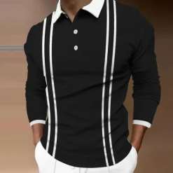 Best OUKU Men's Polo Shirt Golf Shirt Street Casual Polo Collar Classic Long Sleeve Fashion Designer Striped Button Front Button-Down Spring & Fall Regular Fit Black Pink Light Grey Gray Polo Shirt