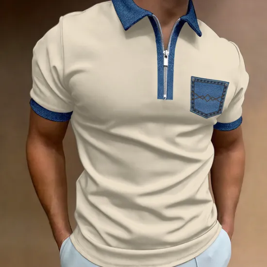 Outlet OUKU Men's Polo Shirt Golf Shirt Casual Holiday Lapel Quarter Zip Short Sleeve Fashion Basic Color Block Quarter Zip Summer Regular Fit Black White Blue Beige Gray Polo Shirt