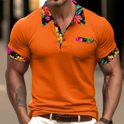 Outlet OUKU Men's Polo Shirt Golf Shirt Work Casual Lapel Classic Short Sleeve Basic Modern Floral Color Block Patchwork Button Spring & Summer Regular Fit Black White Orange Green Polo Shirt