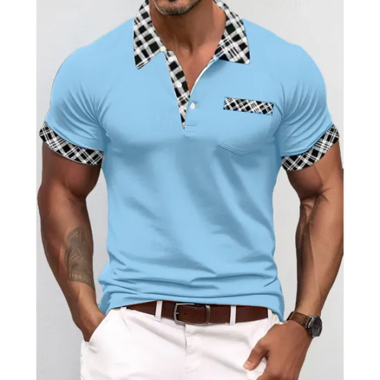 Discount OUKU Men's Polo Shirt Golf Shirt Casual Holiday Lapel Short Sleeve Fashion Basic Houndstooth Plaid / Check Patchwork Pocket Summer Regular Fit Dark Grey White Sky Blue Orange Khaki Polo Shirt