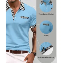 Discount OUKU Men's Polo Shirt Golf Shirt Casual Holiday Lapel Short Sleeve Fashion Basic Houndstooth Plaid / Check Patchwork Pocket Summer Regular Fit Dark Grey White Sky Blue Orange Khaki Polo Shirt