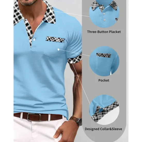 Discount OUKU Men's Polo Shirt Golf Shirt Casual Holiday Lapel Short Sleeve Fashion Basic Houndstooth Plaid / Check Patchwork Pocket Summer Regular Fit Dark Grey White Sky Blue Orange Khaki Polo Shirt