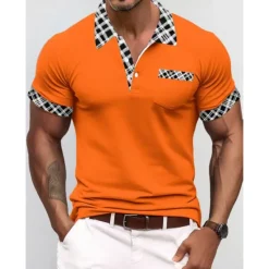 Discount OUKU Men's Polo Shirt Golf Shirt Casual Holiday Lapel Short Sleeve Fashion Basic Houndstooth Plaid / Check Patchwork Pocket Summer Regular Fit Dark Grey White Sky Blue Orange Khaki Polo Shirt