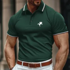OUKU Men's Polo Shirt Golf Shirt Casual Holiday Lapel Short Sleeve Fashion Basic Color Block Horse Patchwork Embroidery Summer Regular Fit Black Burgundy Green Polo Shirt