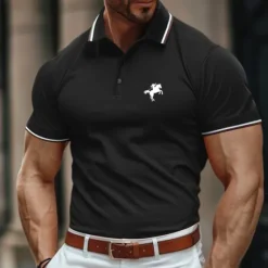 OUKU Men's Polo Shirt Golf Shirt Casual Holiday Lapel Short Sleeve Fashion Basic Color Block Horse Patchwork Embroidery Summer Regular Fit Black Burgundy Green Polo Shirt